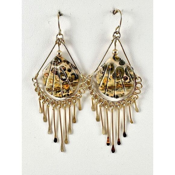 Leopard Skin Jasper Dangle Earrings Shell Design 14K Gold Filled Wire with Tasse - Picture 1 of 1